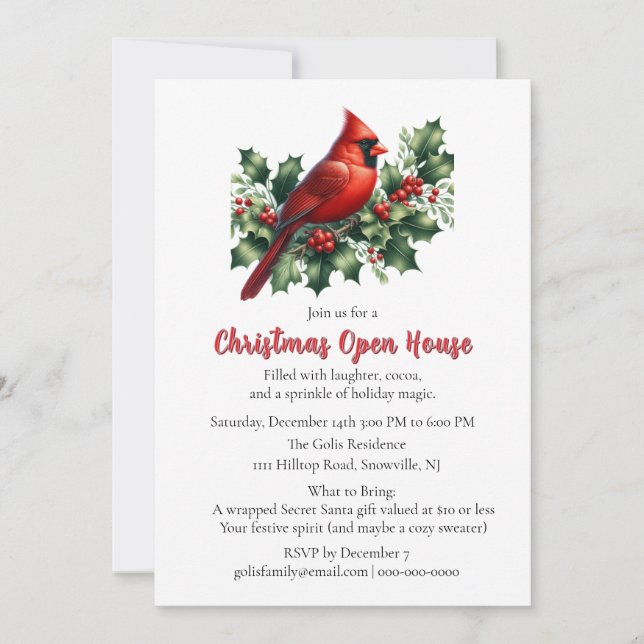 Invitation Red Cardinal with Holly Christmas  Open House  (Devant)