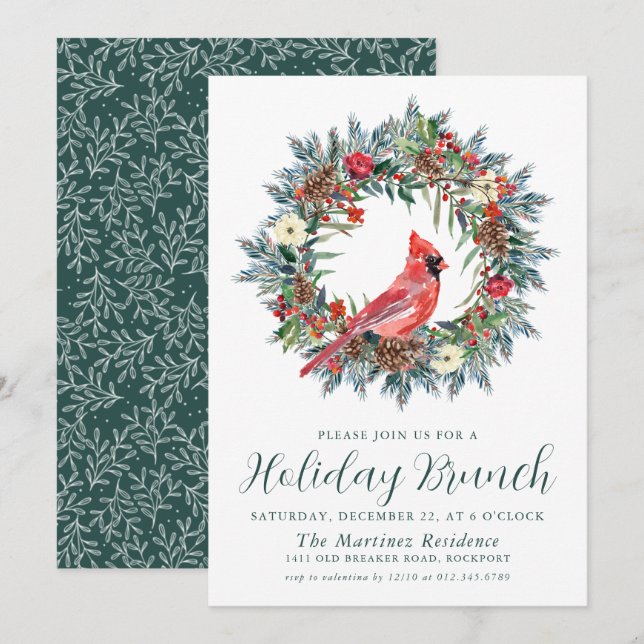 Invitation Red Cardinal Wreath Holiday Brunch (Devant / Derrière)
