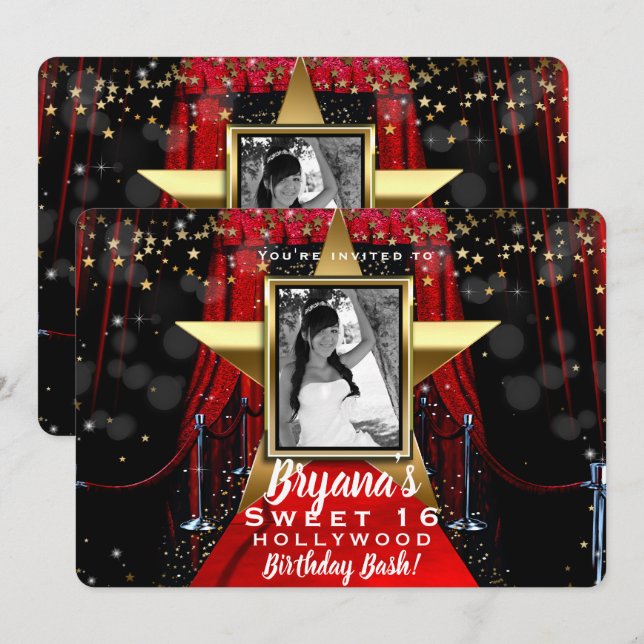 Invitation Red Carpet Hollywood Gold Stars (Devant / Derrière)