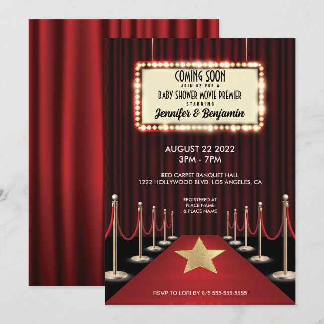 Invitation Red Carpet Hollywood Movie Premiere Baby shower (Devant / Derrière)