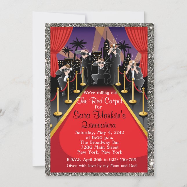 Invitation Red Carpet Hollywood Parties scintillant Quinceañe (Devant)