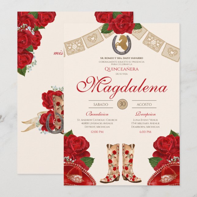 Invitation Red Charro Mariachi Rose occidental Quinceanera (Devant / Derrière)
