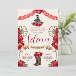 Invitation Red Charro Quinceanera Papel Picado Rose occidenta