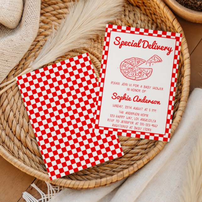 Invitation Red Checkered Special Delivery Pizza Baby Shower (Créateur téléchargé)