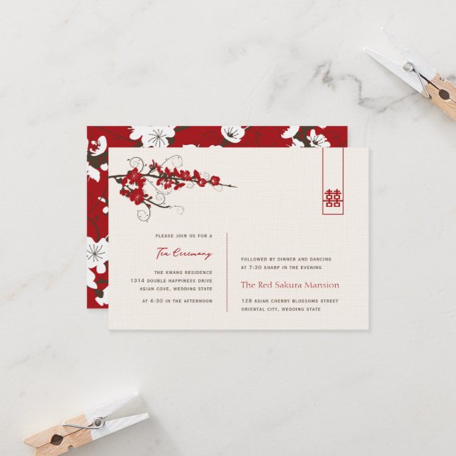 Invitation Red Cherry Blossoms Chic Asian Wedding Réception (Devant/Arrière en situation)