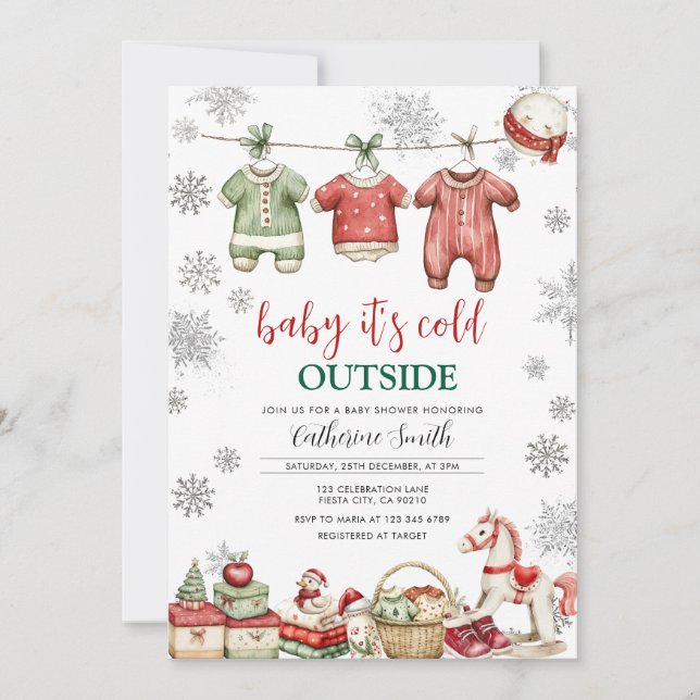 Invitation Red Christmas Baby It’s Cold Outside Baby Shower (Devant)