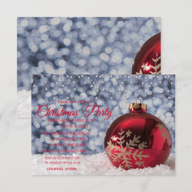 Invitation Red Christmas Ball, Bokeh Company Christmas Party (Devant / Derrière)