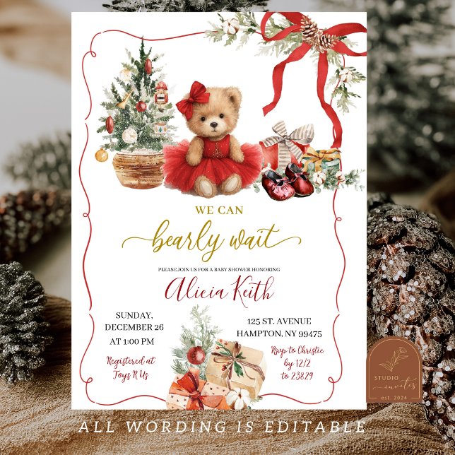 Invitation Red Christmas Coquette Bear Girl Baby Shower (Créateur téléchargé)