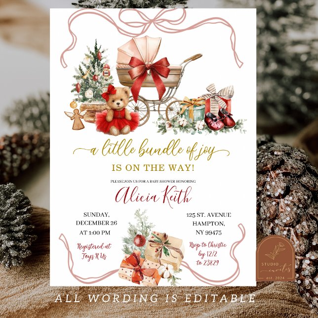 Invitation Red Christmas Coquette Carriage Girl Baby Shower  (Créateur téléchargé)