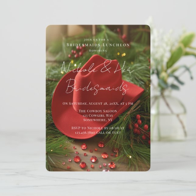 Invitation Red Christmas Cowboy Hat Bridesmaids Luncheon (Debout devant)