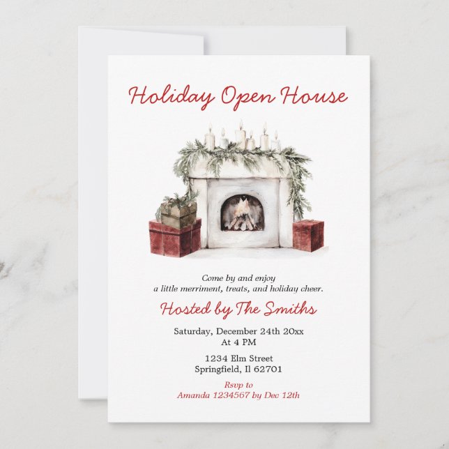 Invitation Red Christmas Fireplace Holiday Open House Party (Devant)