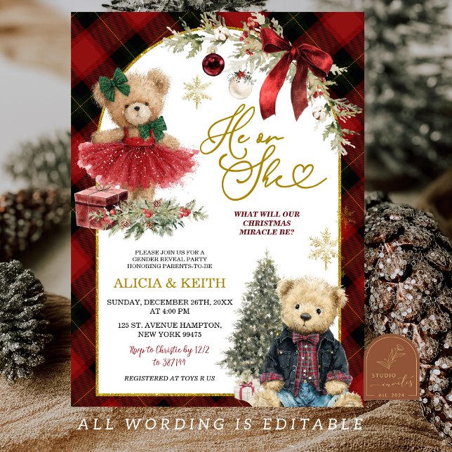 Invitation Red Christmas Luxury Bear Gender Reveal (Créateur téléchargé)