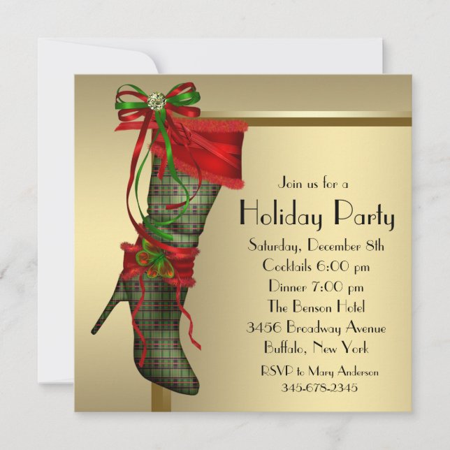 Invitation Red Christmas Stocking Red Gold Christmas Party (Devant)