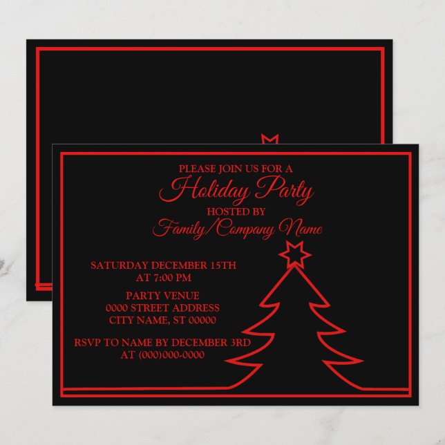Invitation Red Christmas Tree Black Holidays Party (Devant / Derrière)