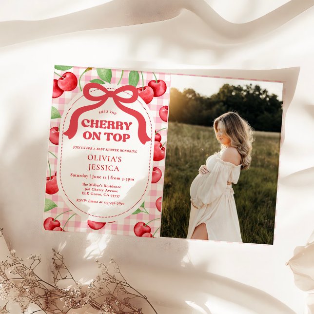 Invitation Red Coquette Bow Cherry On Top Baby shower Photo (Créateur téléchargé)