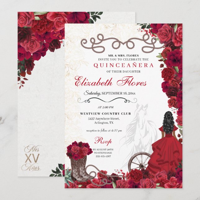 Invitation Red Cowgirl Ranchero Western Quinceanera (Devant / Derrière)