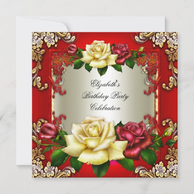 Invitation Red Cream Rose Gold Élégante fête d'anniversaire (Devant)