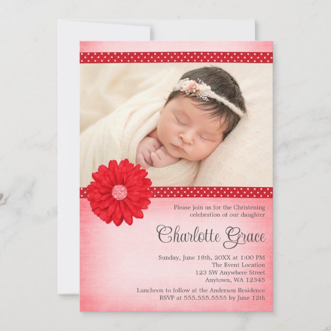 Invitation Red Daisy Sparkle Photo Baptême Christening (Devant)