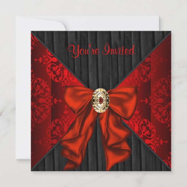 Invitation Red Damask Holiday Black Cravate Party (Devant)