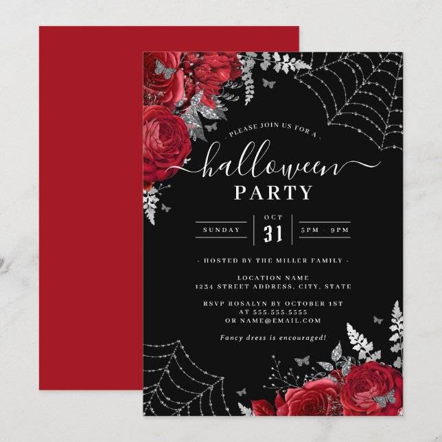 Invitation Red Éffrayant Floral Cobwebs Fête d'Halloween (Devant / Derrière)