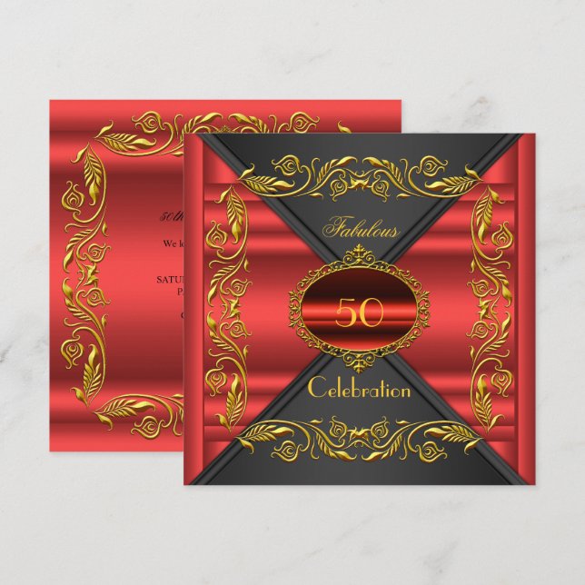 Invitation Red Elegant Black Gold Fabuleux 50e anniversaire (Devant / Derrière)