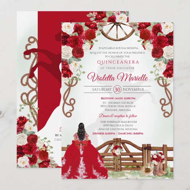 Invitation Red Elegant Rustic Western Charro Quinceanera (Devant / Derrière)