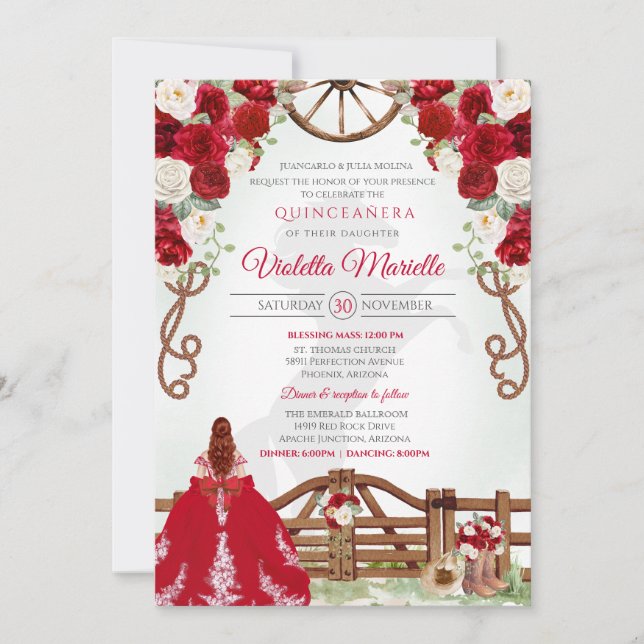 Invitation Red Elegant Rustic Western Charro Quinceanera V9 (Devant)