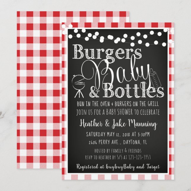 Invitation Red En vichy Burgers Bouteilles Baby shower Invita (Devant / Derrière)