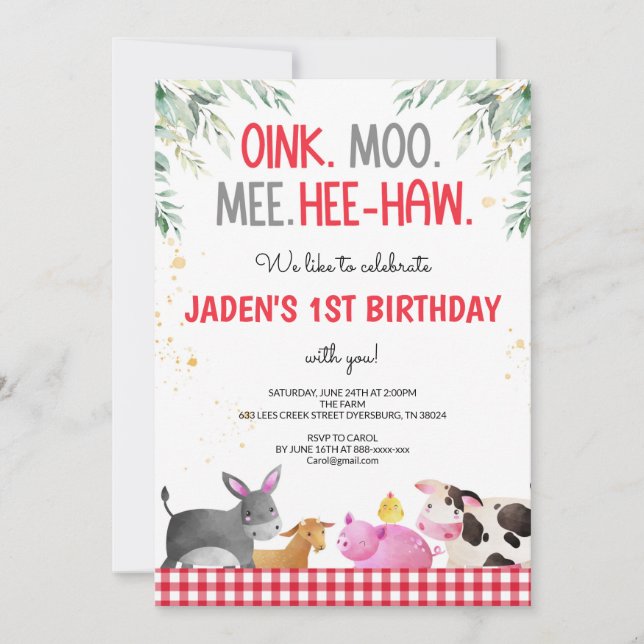 Invitation Red En vichy Farm Animaux Anniversaire Barnyard (Devant)