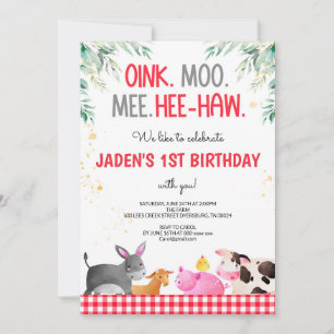Invitation Red En vichy Farm Animaux Anniversaire Barnyard