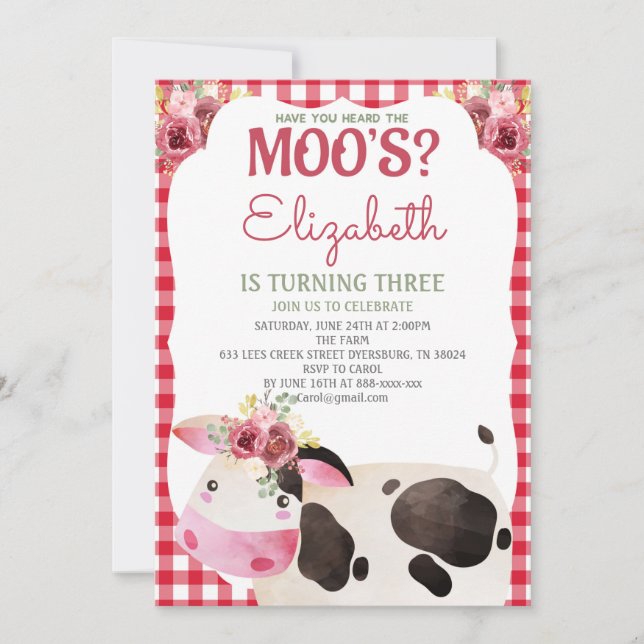 Invitation Red En vichy Vache Anniversaire Animaux de ferme B (Devant)