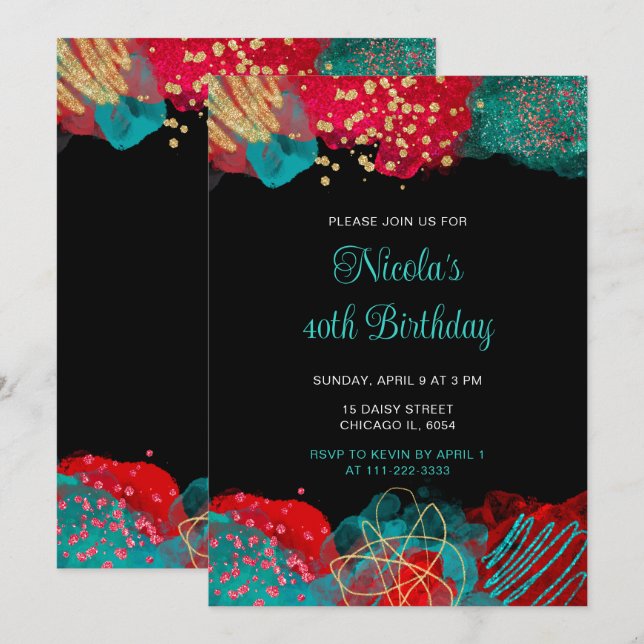 Invitation Red et Turquoise Blue Alcock Ink Anniversaire (Devant / Derrière)