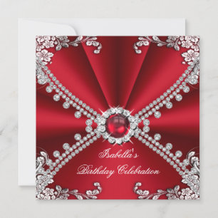 Invitation Red Faux Diamond Jewel Floral Anniversaire