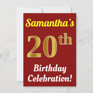 Invitation Red, Faux Gold 20th Birthday Celebration + Nom