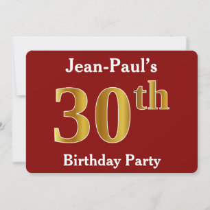 Invitation Red, Faux Gold 30th Birthday Party + Nom personnal