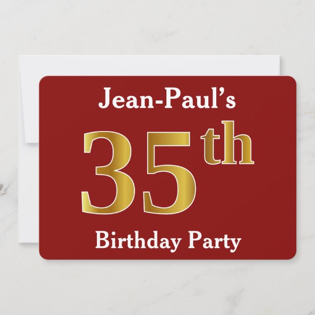 Invitation Red, Faux Gold 35th Birthday Party + Nom personnal (Devant)