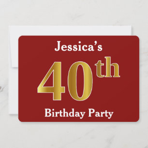 Invitation Red, Faux Gold 40th Birthday Party + Nom personnal