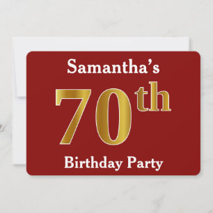 Invitation Red, Faux Gold 70th Birthday Party + Nom personnal