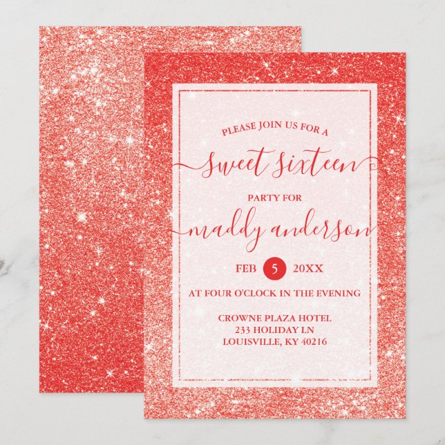 Invitation Red Faux Parties scintillant Élégante douce 16 Ann (Devant / Derrière)