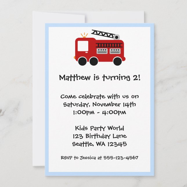 Invitation Red Fire Truck Bleu frontière Anniversaire Invitat (Devant)