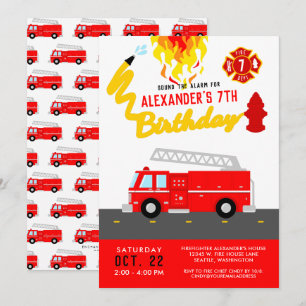 Invitation Red Fire Truck Party Thème Pompier Anniversaire