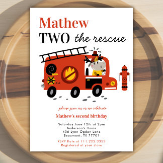 Invitation Red Fire Truck Two The Rescue 2nd Boy Birthday 