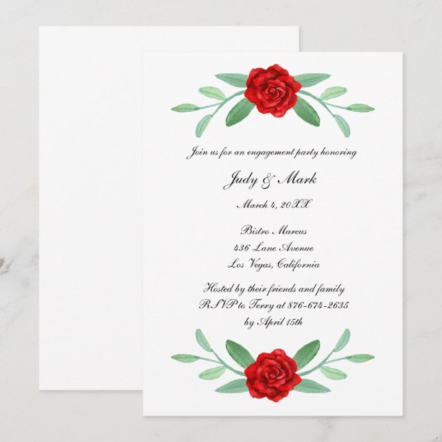 Invitation Red Floral Green Foliage (Devant / Derrière)