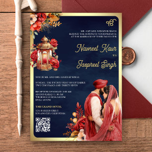 Invitation Red Floral Navy QR Code Anand Karaj Sikh Mariage