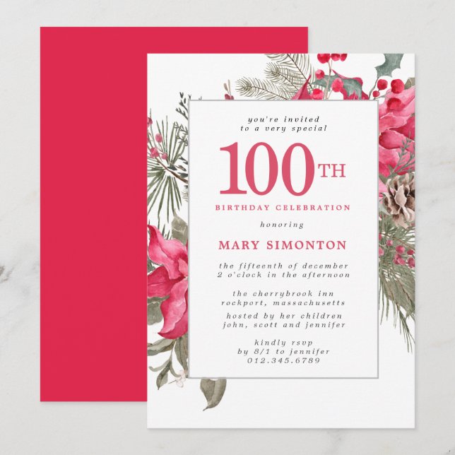 Invitation Red Floral Poinsettia 100e anniversaire de fête In (Devant / Derrière)