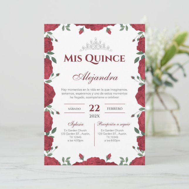 Invitation Red Floral Quinceañera Spanish  (Debout devant)