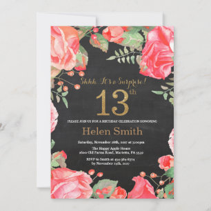 Invitation Red Floral Surprise 13e anniversaire Parties scint