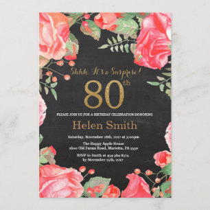 Invitation Red Floral Surprise 80e anniversaire Parties scint