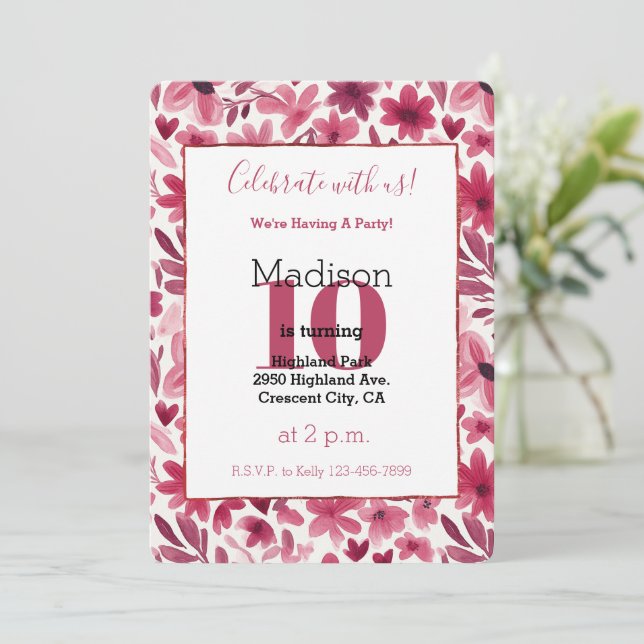 Invitation Red Flowers Hearts Birthday (Debout devant)