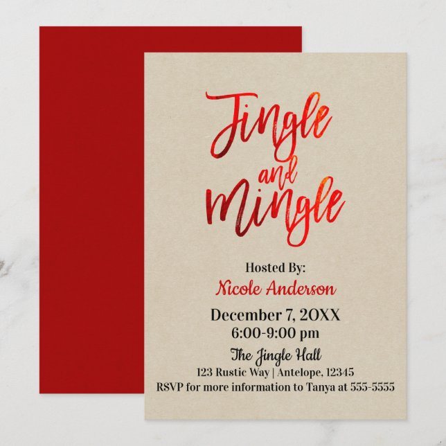 Invitation Red Foil Sleek Shine Modern Jingle & Mingle Party (Devant / Derrière)